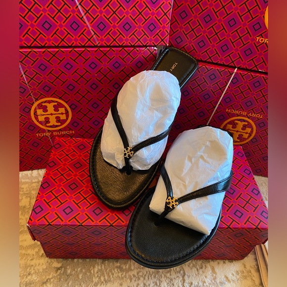 Tory Burch Black Leather Classic Flip Flops - Picture 6 of 8